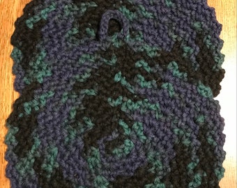 Cotton Crochet Potholders set of 2 in Black, Greenish and Purple
