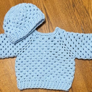 Baby Pullover Sweater and Hat in Baby Blue 0-3 months