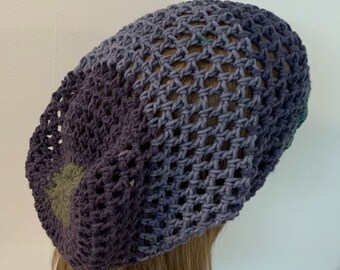Slouchy Beanie Open Stitch Dread Tam in Blueberry Torte