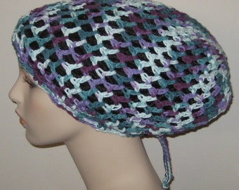 Cotton Open Stitch Slouchy Beanie Dread Crochet Hat in Variegated