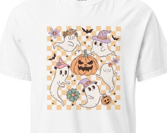 Spooky Season Comfort Colors Tee: Ghosts, Pumpkins, Flowers (100% Cotton)