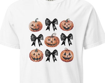 Halloween-T-Shirt mit Kürbis-Schleifen: Cottagecore-Baumwoll-T-Shirt
