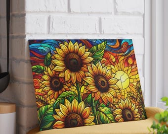 Levendige zonnebloem namaak glas-in-lood snijplank | Decoratieve bloemenonderzetter