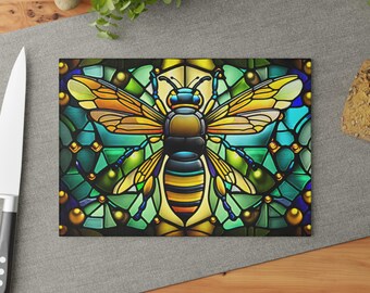 Levendige Bumble Bee snijplank gebrandschilderd glas namaak | Decoratieve bijenonderzetter