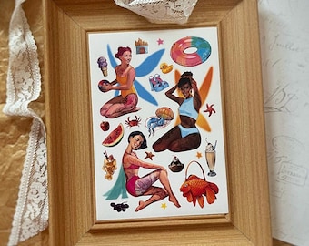 Tattooed Alt Fairy Sticker Sheet, Summer Beach Pastel Goth Sticker