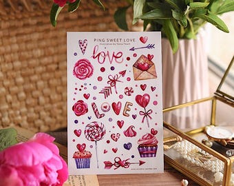Watercolor Valentine's Day Stickers: Pink Love, Hearts, Romantic Scrapbooking