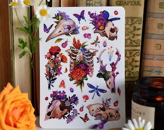 Floral Skull Sticker Sheet: Botanical Gothic Stationery
