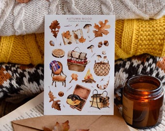 Herbst Stimmung Sticker Blatt: Gemütliche Cottagecore Journaling Sticker | A6 Format 11cm x 15cm