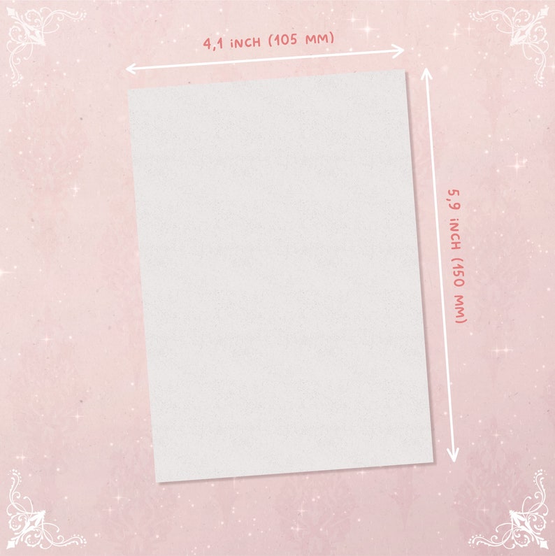 May include: A rectangular white paper sheet with a textured surface. The dimensions are clearly marked with white arrows and text, indicating a width of 4.1 inches and a height of 5.9 inches for the paper.