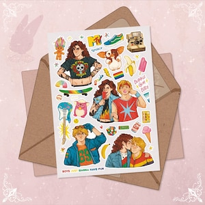 Feuille d'autocollants Retro Pride Stickers LGBTQ+ style années 80, garçons fiers qui veulent juste s'amuser
