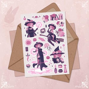 Arkusz naklejek Floral Witch Rozmiar Plus Naklejki Junk Journal Różowa piwonia Wiedźma Halloween Body Positive Art BuJo Mystic Magic Peonies Naklejka