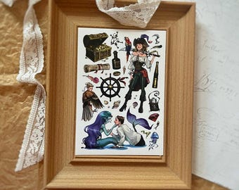 Pirate and Mermaid Sticker Sheet, Siren Siren Sticker, Nautical Adventure Stickers, Treasure Map Scrapbook Ephemera