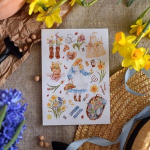 Feuille d'autocollants printemps jardin rustique floral Feuille d'autocollants plantes Sticker fille d'honneur fleurs botanique tulipes jonquilles jacinthe aquarelle