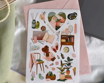 Cozy Aesthetic Sticker Sheet – In My Room, Handmade Paper Stickers
