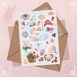 Zomer stickervel zwanen aardbeien bujo desserts liefde tulp sticker plakboek plan 2025 Bullet Journal plantkunde bloemontwerp nieuwe collectie