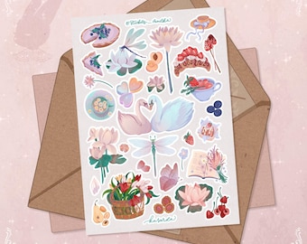 Summer Sticker Sheet: Swans, Strawberries, Tulips - Scrapbook, Journal