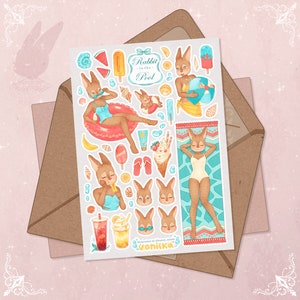 Summer Rabbit Sticker Sheet - Adorable Pool, Ice Cream & Beach Stickers for Journals, Premium Paper, Raflatac Backing