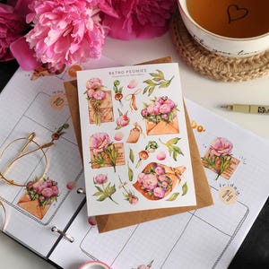 Sticker Bogen Retro Pfingstrosen Original handgemachte Dekorative Buchstaben Entzückende Aufkleber Rosa Pfingstrosen Blumen BuJo Journal Flora Planer Aufkleber