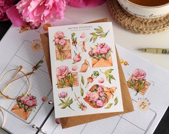 Peonies Sticker Sheet: Handmade Floral Stickers for Journaling