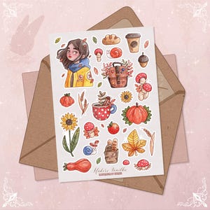 Gemütlicher Herbst Sticker Bogen A6 – Mädchen mit Schal, Pilze, Kürbisse, Kaffee & Herbstblätter – Herbst Sticker für Journaling und Geschenke