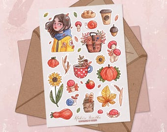 Herbst Sticker Blatt: Cozy Girl, Pilze, Kürbisse - A6 Journal Sticker