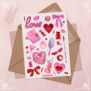 Hoja de pegatinas Pegatinas de amor para San Valentín Pegatina de beso Pegatina de lazo rojo rosa Regalo de San Valentín Decoraciones para San Valentín Globo