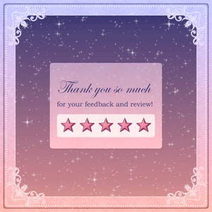 Puede incluir: Gr&aacute;fico digital con un fondo estrellado en tonos morado, rosa y azul. La imagen presenta un mensaje enmarcado que dice "Thank you so much for your feedback and review!" con cinco estrellas rosas.