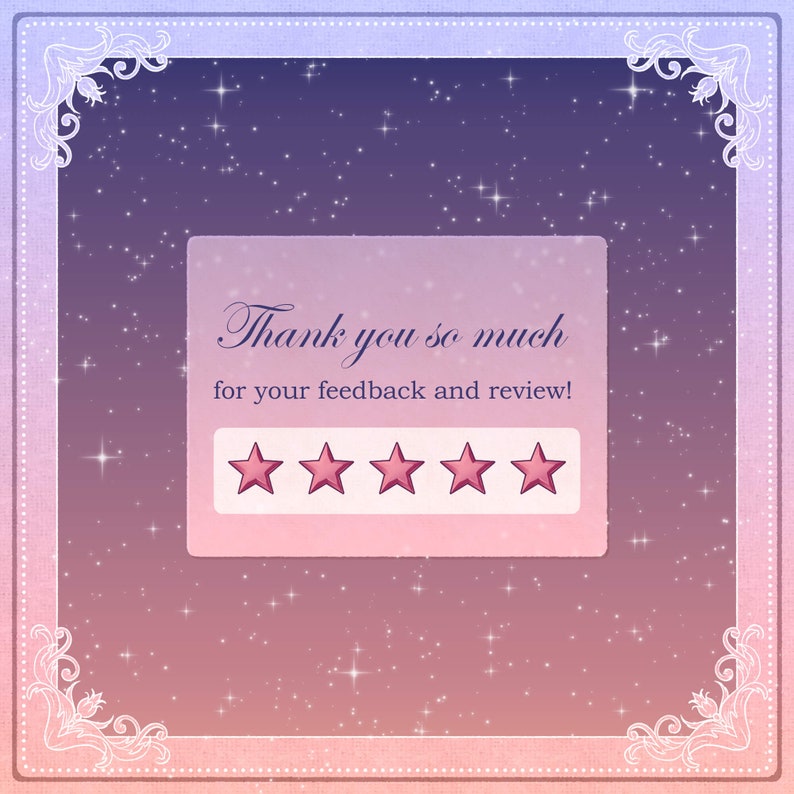 Puede incluir: Gr&aacute;fico digital con un fondo estrellado en tonos morado, rosa y azul. La imagen presenta un mensaje enmarcado que dice "Thank you so much for your feedback and review!" con cinco estrellas rosas.