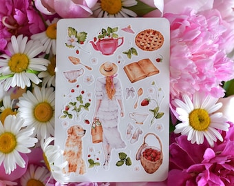 Cottagecore Sticker Sheet: Strawberry Picnic Labrador - Hand-Drawn