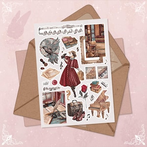 Stickervel Dark Academia – vintage boeken, kaarsen, bibliotheekesthetische stickers, antiek briefpapier, kortstondig literair tijdschrift