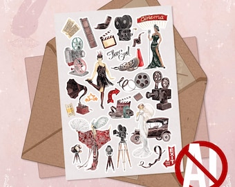 Retro Cinema Sticker Sheet: Vintage Hollywood Film Stickers