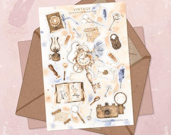 Vintage Ephemera Sticker Sheet: Retro Camera, Keys, Notebook