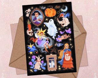 Hoja de pegatinas mágicas misteriosas, fantasma, conejo, Halloween, bruja, espejo, gótico, 31 de octubre, pegatina de portada, diario de magia negra mística