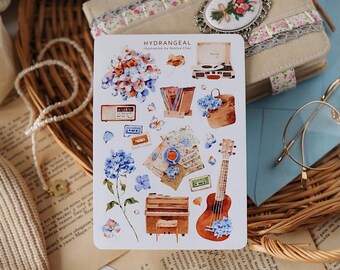 Watercolor Hydrangea Sticker Sheet: Music & Botany Scrapbook Stickers