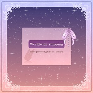 May include: A rectangular digital graphic with a purple and pink gradient background featuring a starry night sky effect. The frame has ornate white corner flourishes. A central box displays the text Worldwide shipping and order processing time is 1-2 days.