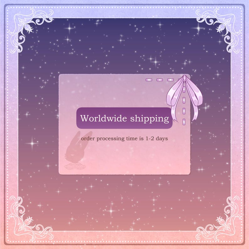 May include: A rectangular digital graphic with a purple and pink gradient background featuring a starry night sky effect. The frame has ornate white corner flourishes. A central box displays the text Worldwide shipping and order processing time is 1-2 days.