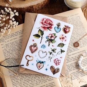 Retro Blumen Aufkleber Floral Sticker Blatt Pflanzen Aufkleber Blumen Mädchen Geschenk Blumen Botanik Schlüssel und Herz Briefpapier Wildblumen Aufkleber