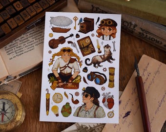 Steampunk Sticker Sheet: Ferret Explorer, Airship Art - Hand-Drawn