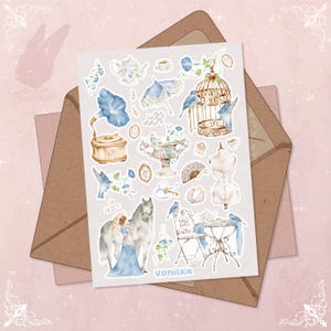 Stickervel Provence Vintage Details paard en meisje vogels blauwe porseleinen bloemen demonstratie etalagepop BuJo Journal planner botanisch