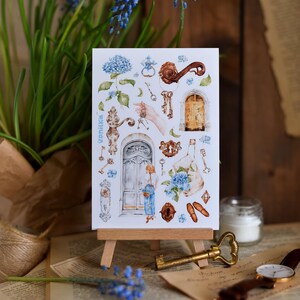 Old Town Aufkleber Blatt Blau Hortensien Alte Schlüssel und Schlösser Vintage Tür Floral Botanik Aufkleber Pflanze Aufkleber Blumen Sommer Schlüssel Aufkleber
