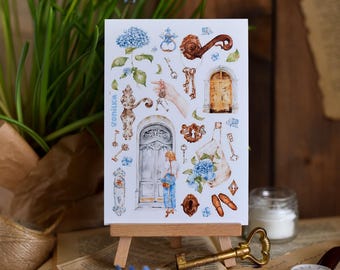 Blue Hydrangea Sticker Sheet: Vintage Keys, Locks, and Doors