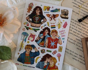 Hoja de pegatinas del orgullo retro LGBTQ+ Pegatinas del orgullo de los 80 Chicos que solo quieren divertirse