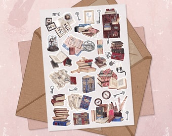 Vintage Library Sticker Sheet: Books, Keys, and Reading Ephemera