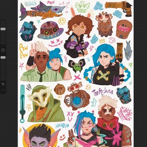 May include: A digital illustration sheet featuring various character sketches and icons, including figures with blue hair, a masked character, a shark-shaped weapon, a mechanical monkey, and text elements like "POW POW", "HAHAHA", and "The Boy Savior".