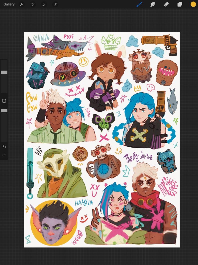 May include: A digital illustration sheet featuring various character sketches and icons, including figures with blue hair, a masked character, a shark-shaped weapon, a mechanical monkey, and text elements like "POW POW", "HAHAHA", and "The Boy Savior".