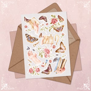 Feuille d'autocollants romantique jardin plantes autocollant journal de lecture aquarelle papillon autocollants livres floral rose rose fleurs Scrapbook autocollant