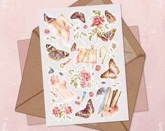 Watercolor Butterfly & Floral Sticker Sheet: Reading Journal Scrapbook