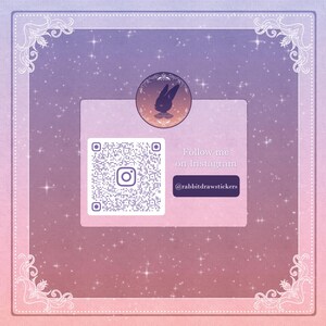 May include: A square graphic with a gradient background of pink, purple, and blue, featuring a QR code and a circular logo of a rabbit silhouette. Text reads "Follow me on Instagram" and the handle @rabbitdrawstickers.