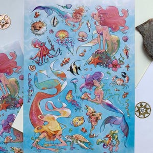 Feuille d'autocollants sirènes – Stickers océans avec créatures marines, pieuvres, hippocampes, tortues | Agenda sous-marin et éphémères pour scrapbooking