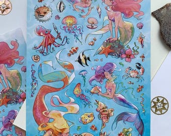 Meerjungfrau Sticker Bogen: Meeresbewohner, Meeresschildkröte, Krake - Planer Ephemera